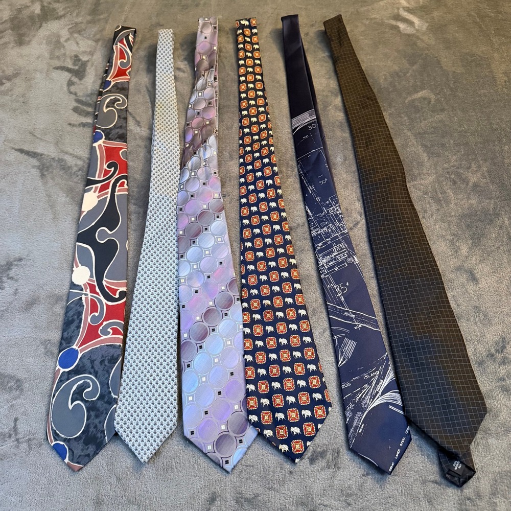 Lot of 6 Men's Silk Ties Designer Patterns Geometric Elephants Blueprint Necktie